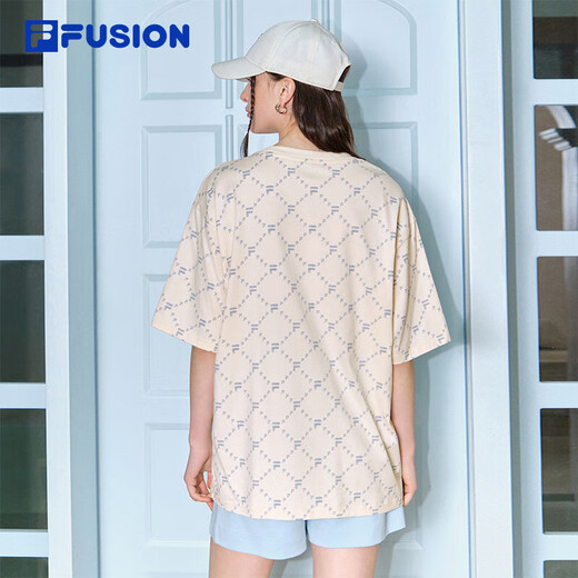 FILAFUSION斐乐潮牌男装情侣款针织短袖衫2025春新款休闲宽松纯棉T恤 麦乳色-BG L (175) 96A