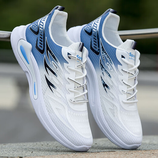 Sportschuhe Herrenschuhe Frühling und Sommer atmungsaktives weiches alleinige Netzschuhe Herren lässige Schuhe Leichte schockabsorbierende Trendschuhe Männer Weiß und Blau K333 44