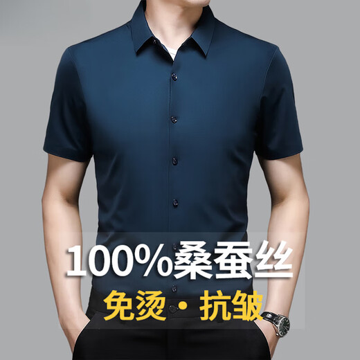 2025新款短袖衬衫男夏季桑蚕丝高端纯色半袖商务休闲男士免烫衬衣 黑色 2XL 180(建议160斤-175斤)
