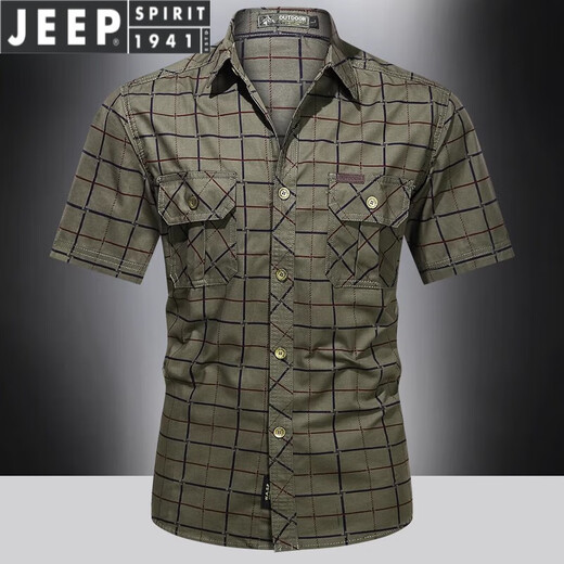吉普（JEEP）轻奢2023夏季新款短袖格子衬衫男士薄款休闲纯棉衬衣 5009军绿 M 170