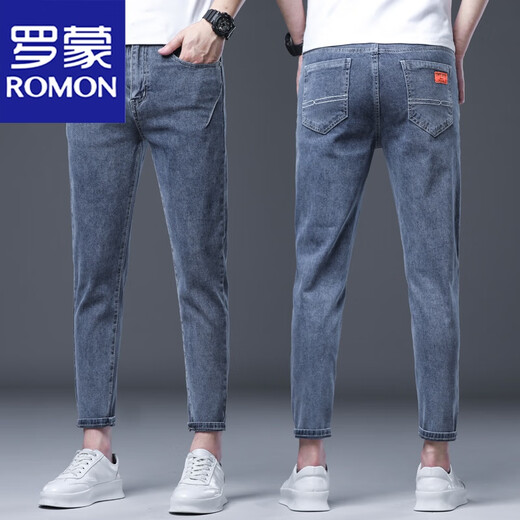ROMON new nine-point pants denim casual pants for men's spring and autumn new slim small feet elastic and versatile slim small straight pants 6621 dark blue [nine-point pants] 29 [waist circumference is about 2 feet 2]