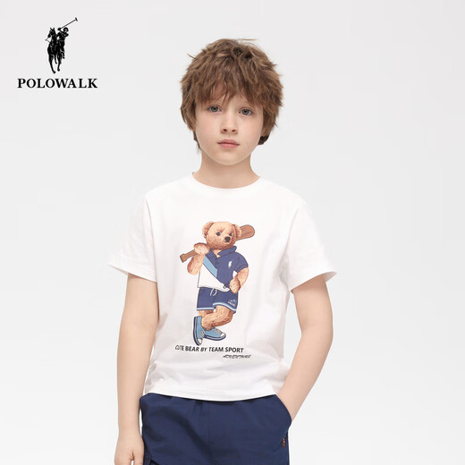 
POLOWALK Children's Clothing 2025 Summer New Product Boys Short Sleeve T-shirt Fresh and Evergrande Basic Style BWTW522F1381 White 130