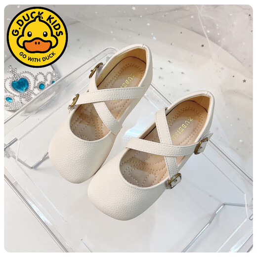 G.duck2024 Spring and Autumn Retro Korean Style Square Toe Girls Leather Shoes Little Girls Soft Sole Peas Shoes Children's Little Fragrance Princess Shoes Apricot 24