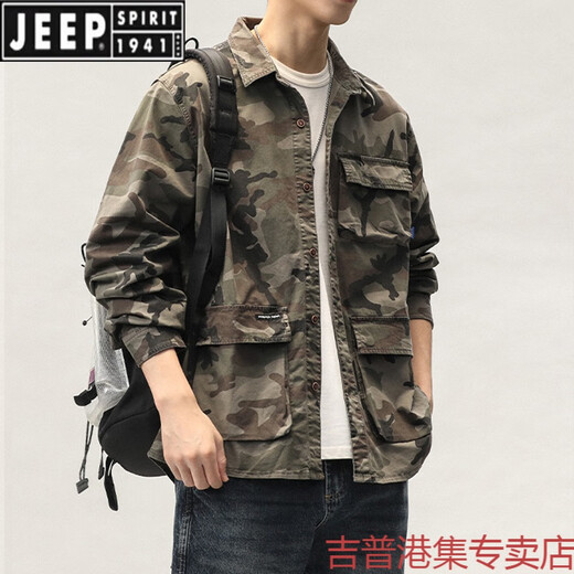 JEEP SPIRIT春秋美式迷彩长袖工装衬衫男宽松潮牌大码休闲外套潮夏季上衣 灰色A828 L