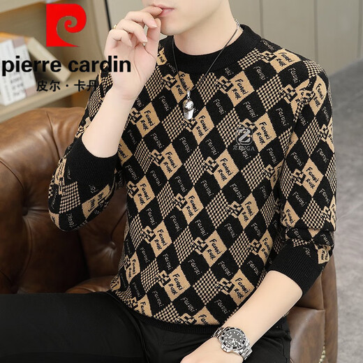 皮尔卡丹（pierre cardin）圆领保暖长袖男士毛衣高品质烫钻套头时尚打底衫休闲个性上衣 咖啡色6010 L 穿115-130