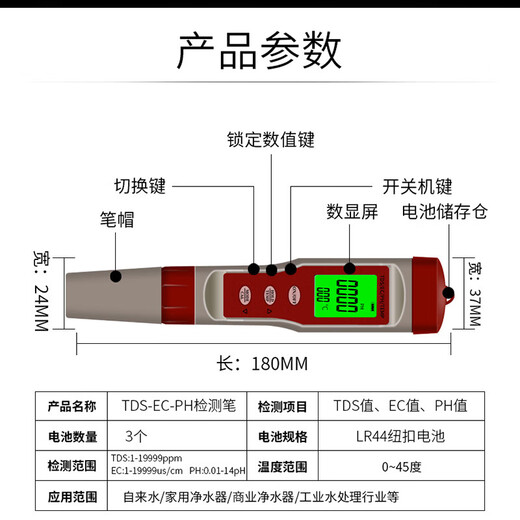 MaiCeY KIVIKEY 10-in-1 Multifunctional Water Quality Test Pen PH Pen Acidity Meter TDS Conductivity Meter Temperature Backlight 9901 (TDS/PH/Temperature)