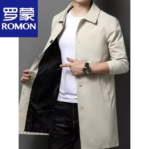 罗蒙米白色男士风衣外套中长款翻领中年防风夹克男装商务休闲春秋大衣 米色 M