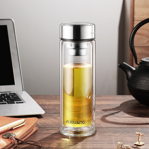 富光双层玻璃杯加厚办公茶水杯304不锈钢杯盖商务礼品 本色 400ml WFB1048
