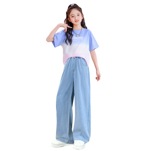 
NICKYBABY girls summer suit 2025 new fashionable children's short-sleeved wide-leg pants summer fashionable big children's casual two-piece set 15013 blue + 9922 white 160