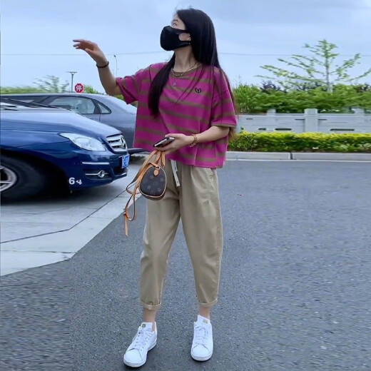 哈夫朵大码女装胖妹妹夏季套装女洋气显瘦条纹短袖T恤百搭休闲裤子女 1389火龙果色上衣 【单件】 2XL 【建议130-145斤】