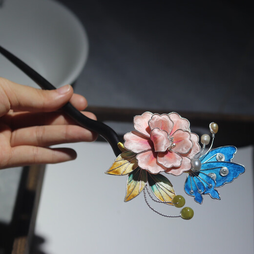 Meng Junchen Intangible Cultural Heritage Cloisonné Flower Silk Rich Peony Flower Ancient Style Hanfu Cheongsam Ebony Wood Hairpin Headdress Style 1