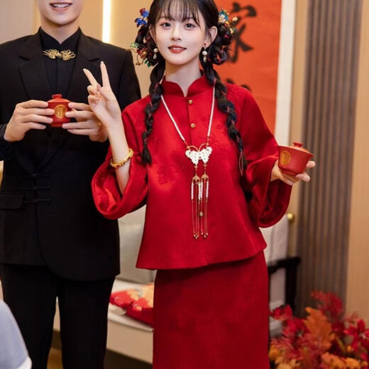 Wutuo Chinese wedding bride costume red new toast suit improved cheongsam spring and autumn new order service back door suit for women trendy burgundy suit without accessories 2XL