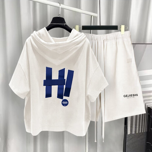 Yushida Hong Kong-Stil mit Kapuze mit Kurzärärmelanzug Herren Sommer Trendy Printed T-Shirt Handsome Ganze passende weiße T5019+Grey K9215 S Geeignet (85-105jin [Jin gleich 0,5 kg]))