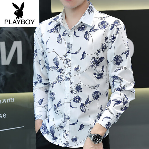 花花公子（PLAYBOY）印花衬衫男长袖青年花卉图案纯棉薄款修身时尚痞帅休闲碎花衬衣潮 723灰色 XL 120-133斤