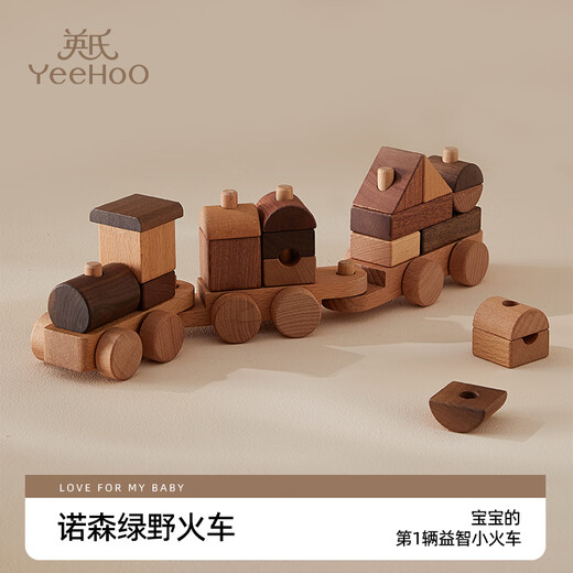 英氏（YEEHOO）儿童积木拼装火车DIY拼插玩具木质小车男孩周岁宝宝生日礼物 诺森绿野火车【礼盒装】