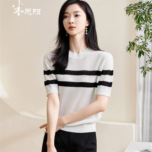 
Missshine 2024 spring new fashionable age-reducing wool sweater contrast striped short-sleeved top 1047 white S