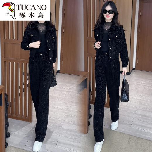 
Woodpecker Fashion Sportswear Set Women's 2025 Spring and Autumn New Internet celebrity style small short jacket wide-leg pants two-piece 6198# Black [Spring and Autumn Style] M [Suggested Jin[Jin equals 0.5 kg]]
