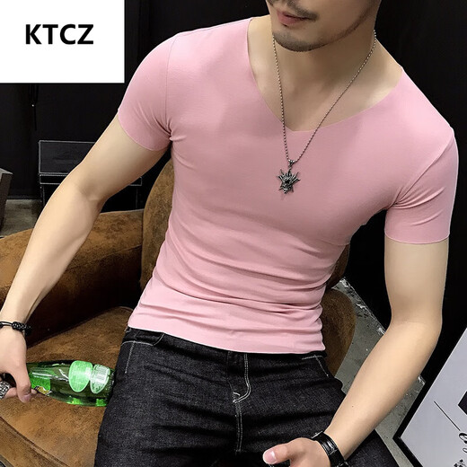 
KTCZ summer thin men's markless short-sleeved T-shirt V-neck slim casual fitness sports black tight-fitting clothes men's trend 1504 white round neck long-sleeved M 165