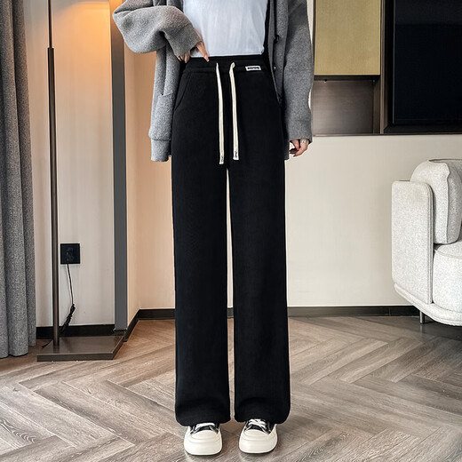 棉致加绒加厚显瘦羊羔绒阔腿裤子女秋冬季宽松高腰直筒休闲裤女棉裤 9767灰蓝色【羊羔绒高品质24.5】 M 80-100斤
