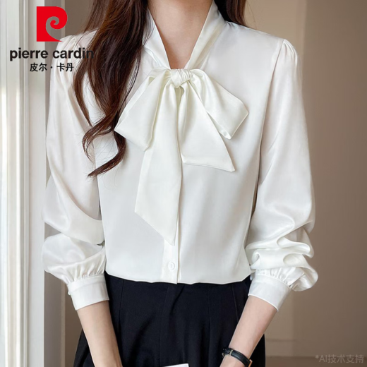 皮尔卡丹（pierre cardin）杭州真丝衬衫女长袖春装新款法式蝴蝶结衬衣感抗皱桑蚕丝上衣 杏色9276款 XL :115-125斤