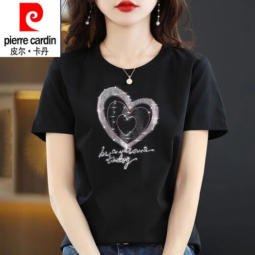皮尔卡丹（pierre cardin）纯棉短袖t恤女大1码夏装新款时尚烫钻圆领半袖上衣黑色镶钻打底衫 圆领-连环爱心钻-黑色短袖 3524 2XL 适合135-165斤