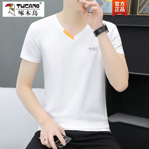 Pic de bois (Tucano) Été Nouveau coton masculin V-Col à col à manches à manches à manches à manches tendance à la mode imprime le collier de coeur de poulet T-shirt à manches courtes 691 blanc M