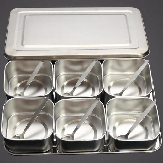 Seasoning box set of six pieces or more food grade stainless steel Japanese style flavor box set seasoning jar condiment sample retention box thickened six compartments free 6 flavor spoons with lid