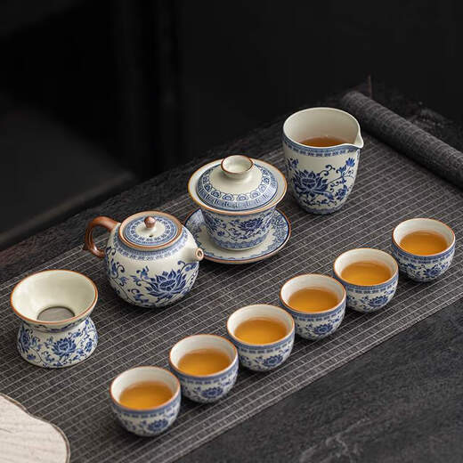 咏幻汝窑青花茶具套装新款家用泡茶器轻奢功夫茶杯盖碗礼盒装 9214羊脂玉江山素烧---- 0个