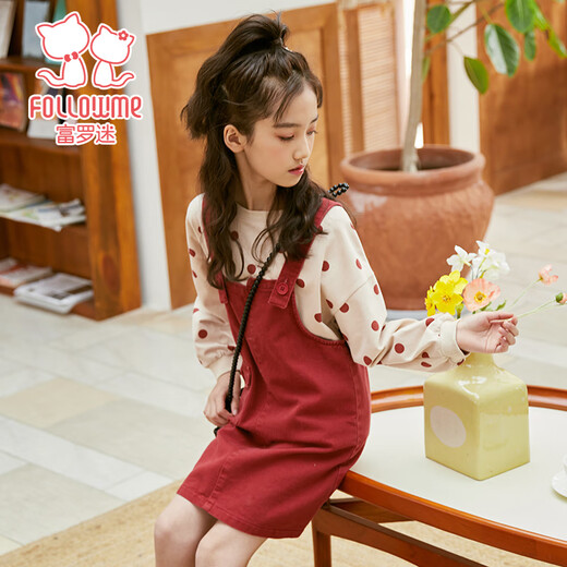 
Fuluo Mi Girls Set Children's Polka Dot Two-Piece Set Suit Sweatshirt Strap Skirt Two-Piece Set Apricot/Red 140