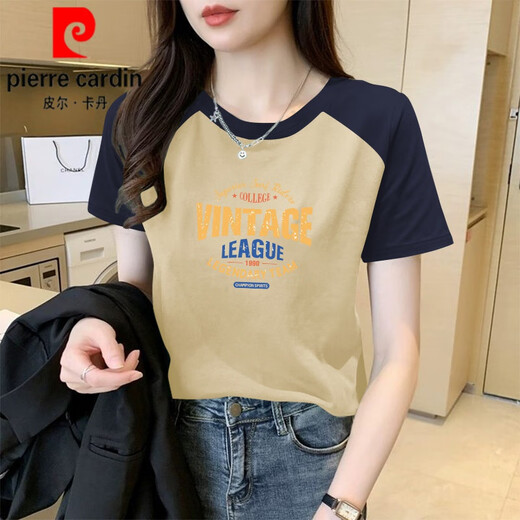 Pierre Cardin Kurzärmeliges T-Shirt für Frauen 2025 Neue Sommer Raboss Sleeve reines Baumwoll einzigartiges modisches Slim Top Design 1476 Blumengrau/Prince Blue Raboss Kurzärärmelte (schwarzer Druck M 100-115jin [Jin gleich 0,5 kg]