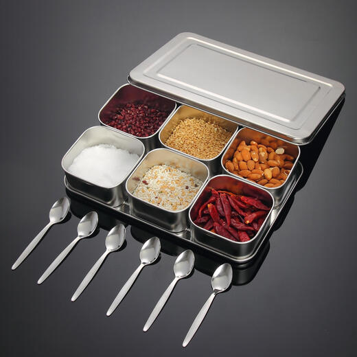 Seasoning box set of six pieces or more food grade stainless steel Japanese style flavor box set seasoning jar condiment sample retention box thickened six compartments free 6 flavor spoons with lid