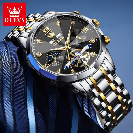 Olevs Swiss Certified Brand Watch Herren Multifunktional mechanische Uhr Vollautomatisch leuchtend wasserdichte Männer Watch Trendy Herren Uhr Olevs-6621 Stahlgürtel Schwarz