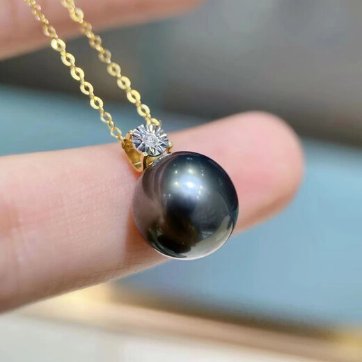 Yage Tahitian seawater black pearl pendant 18K gold diamond 10-11mm perfect round peacock green free silver chain classic style