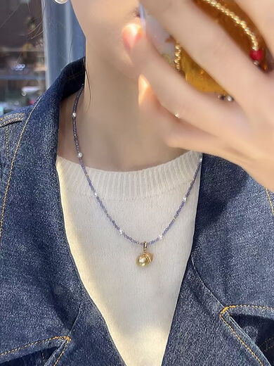 Fujiusong Pearl 4-5mm Freshwater Domestic AK18K Gold Tanzanite Star Necklace Bubble Gum Pearl Necklace