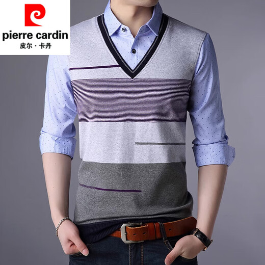 皮尔卡丹（pierre cardin）2025新款男士纯棉假两件衬衫加绒加厚春秋季保暖上衣 3879蓝色 M 165