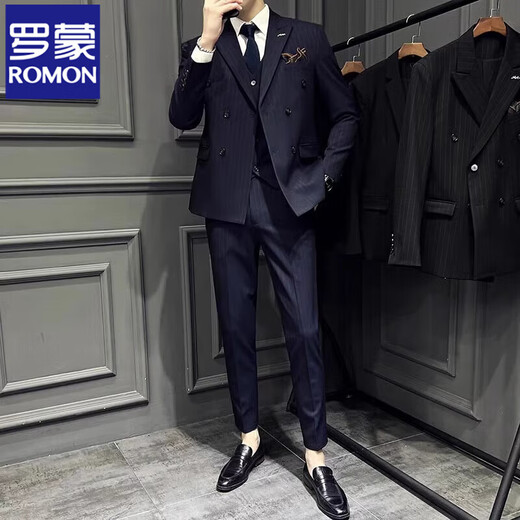 ROMON Blue Double-breasted Suit Jacket Men's Gentleman Business Casual Suit British Striped Wedding Groom's Dress Blue Two-piece Set Free Tie Tie Bra S 46
