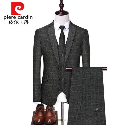 皮尔卡丹（pierre cardin）西服套装男士商务职业正装韩版修身伴郎新郎结婚礼服小西装潮针织 802黑色西服+马甲+衬衫+西裤/4件 M (建议90-105斤穿)