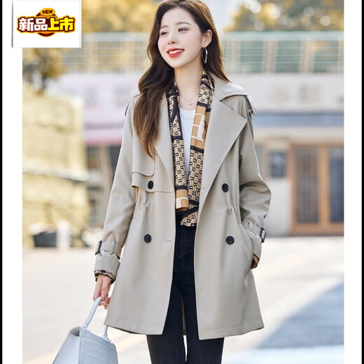 First diameter lined medium-length windbreaker jacket for women spring and autumn 2026 new Korean style loose large size coat for small people coffee color (with lining and scarf) M (105Jin Jin is equal to 0.5 kg)