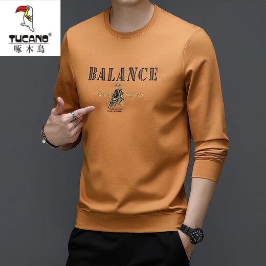 Holzspecker (Tucano) Langarmed T-Shirt für Männer 2025 Frühling und Herbst Neuer runder Nackenpullover Pullover Lose bequemes Top-T-Shirt-Basishemd 1105 Gelb plus Samt M 165/ Empfohlene 90110jin [Jin gleich 0,5 kg]