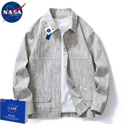 NASADKGM外套男美式复古工装衬衫夹克男宽松休闲百搭情侣上衣服大码男装 蓝灰 XL