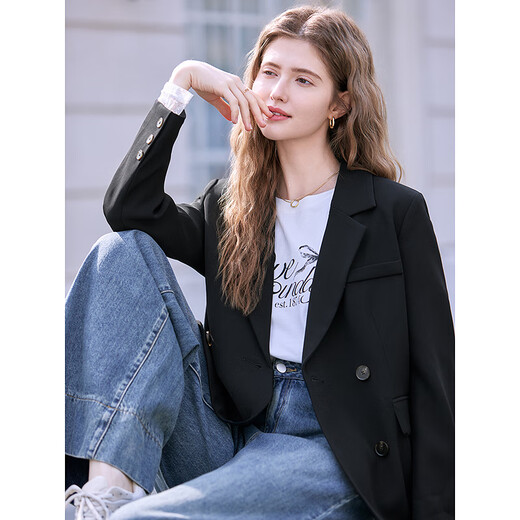Betu Women's 2025 Spring New Suit Versatile Fashion Commuting Casual Suit Jacket Women 2502T55 Black M