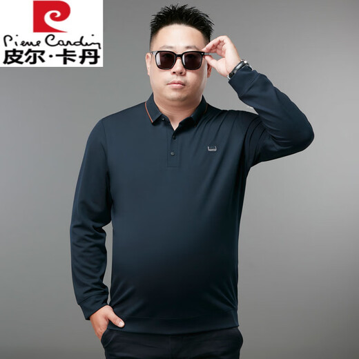 皮尔卡丹（pierre cardin）胖子大码男装长袖T恤宽松翻领加肥加大中年爸爸秋衣大肚子Polo衫 蓝色:F9923 5XL :建议220-240斤