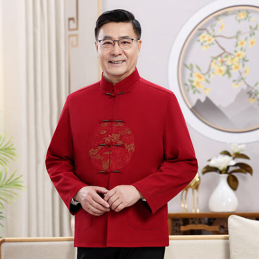 新年新款唐装男老年爷爷奶奶春秋夹克外套中国风本命年高品质套装 藏青色 9230【单上衣】 M /170【推荐90-115斤】