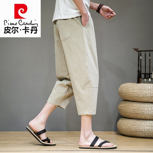 Pierre Cardin pantalones cortos de lino de alta gama Pantalones de estilo chino para hombres 2025 Summer delgado suelto holgado de deportes informales rectos K681 Caki M