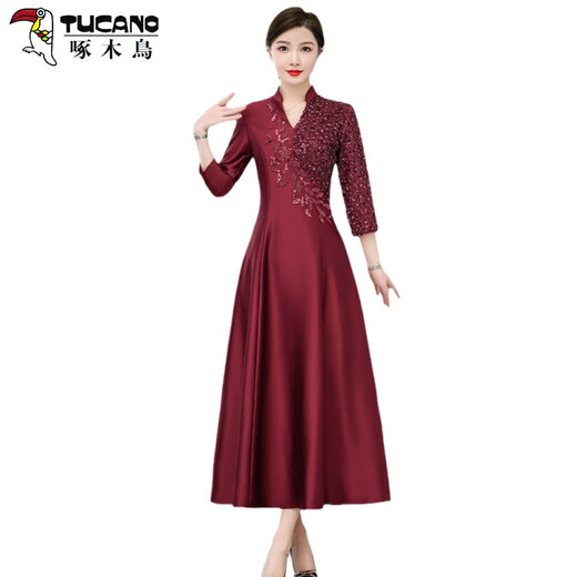 啄木鸟（TUCANO）妈妈宴会旗袍礼服2025年新中式国风喜婆婆婚宴装高贵连衣裙女 酒红色6625 3XL 180 【130-140斤】