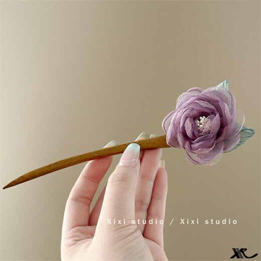 Dai Yan ancient style wooden hairpin, new Chinese style daily hairpin, rose wood hairpin, women's ancient style cheongsam and Hanfu accessories, light purple flower hairpin