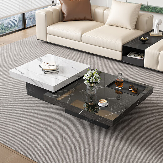 YWZR Italian minimalist rock slab coffee table light luxury modern simple living room marble small apartment square high and low combination 80*80*45 small coffee table +120*120*3524 door-to-door installation