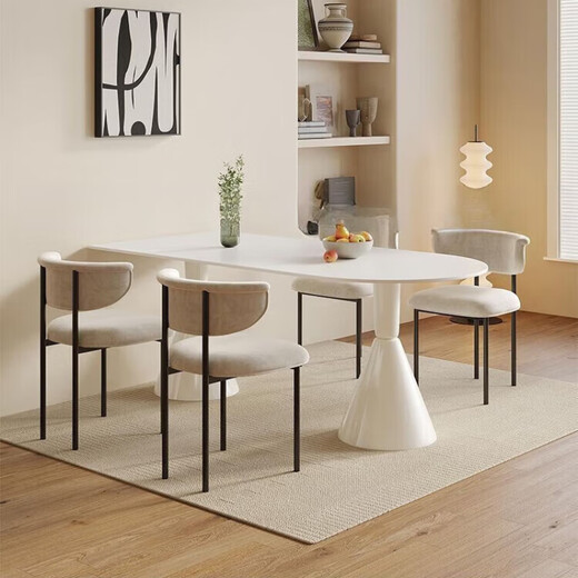 Heji Rock Table 2025 Nordic style semi-oval dining table and chair combination modern simple peninsula household light luxury dining table [remark shape] CZ-9902 pure white rock plate + white legs table and chair [1.6 meters dining table + 2 egg roll chairs]