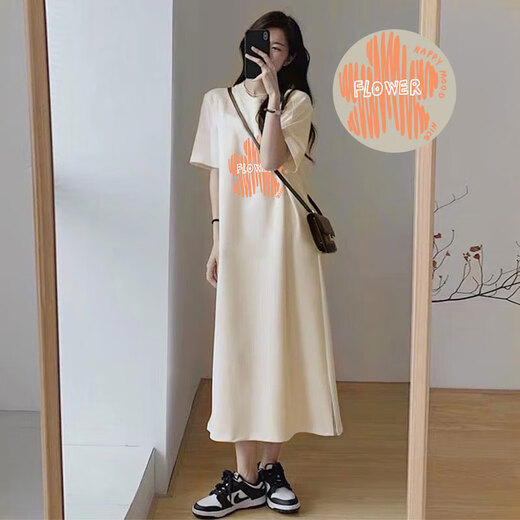 Avec une robe à manches courtes en coton de grande taille de Yishion pure, un design de tempérament français lâche en été, une jupe longue de niche mince, noir (679 modèles) M