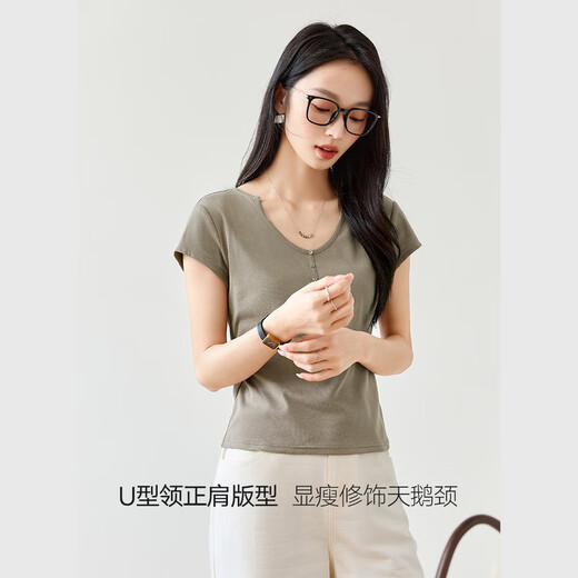 Vanciman Feste Farbe U-Neck Kurzärärmelte T-Shirt für Frauen im Sommer 2025 Neu einfaches und vielseitiges Schlankes Fit Top M9731 Grey-Green L.